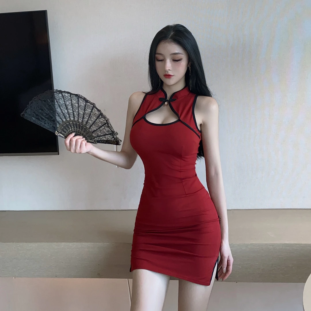 2063#复古无袖旗袍裙