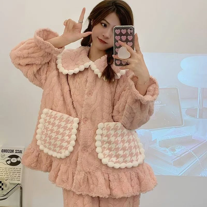冬季翻领家居服套装睡衣娃娃领宽松家居服加绒加厚