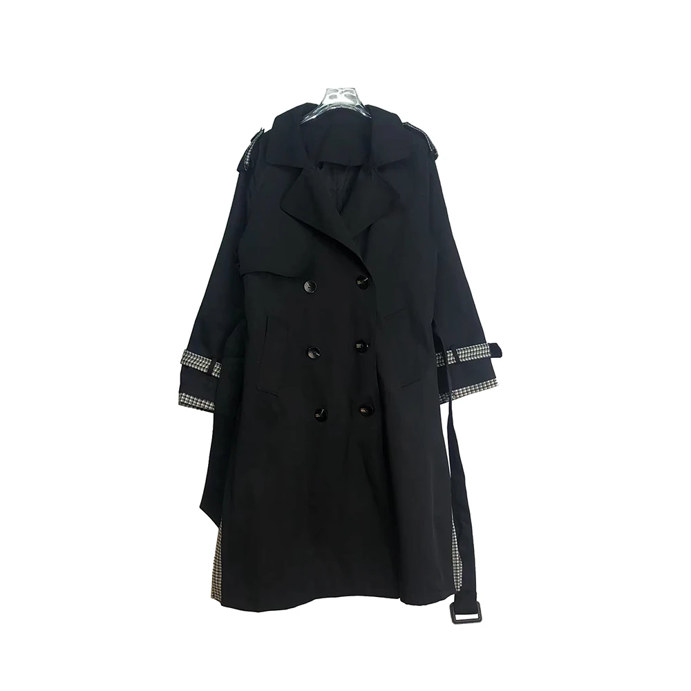 E10560【新款】时尚简约黑色韩版腰带双排扣中长款风衣