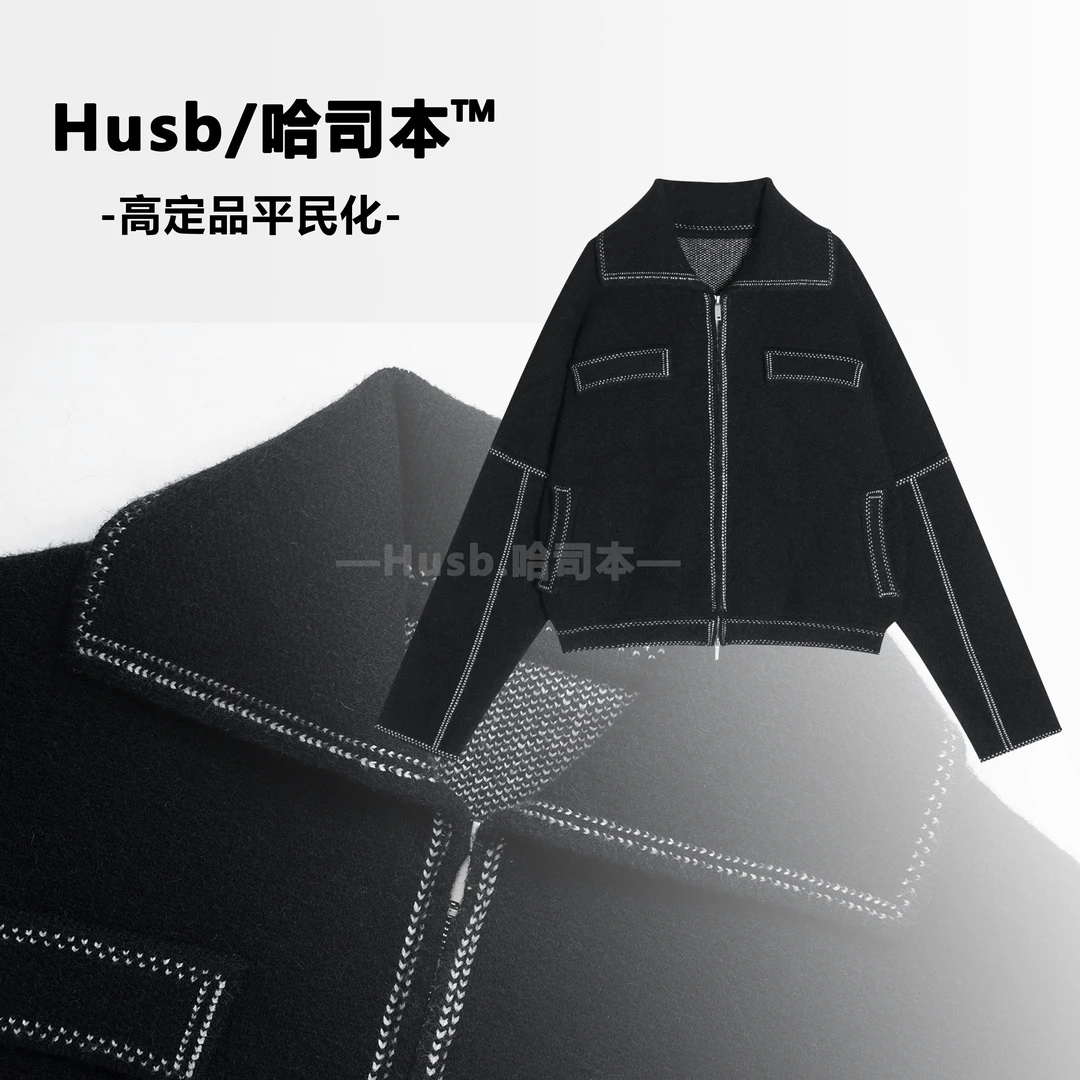 哈司本HUSB/欧美针织冬季大翻领长袖修身型短款休闲毛衣