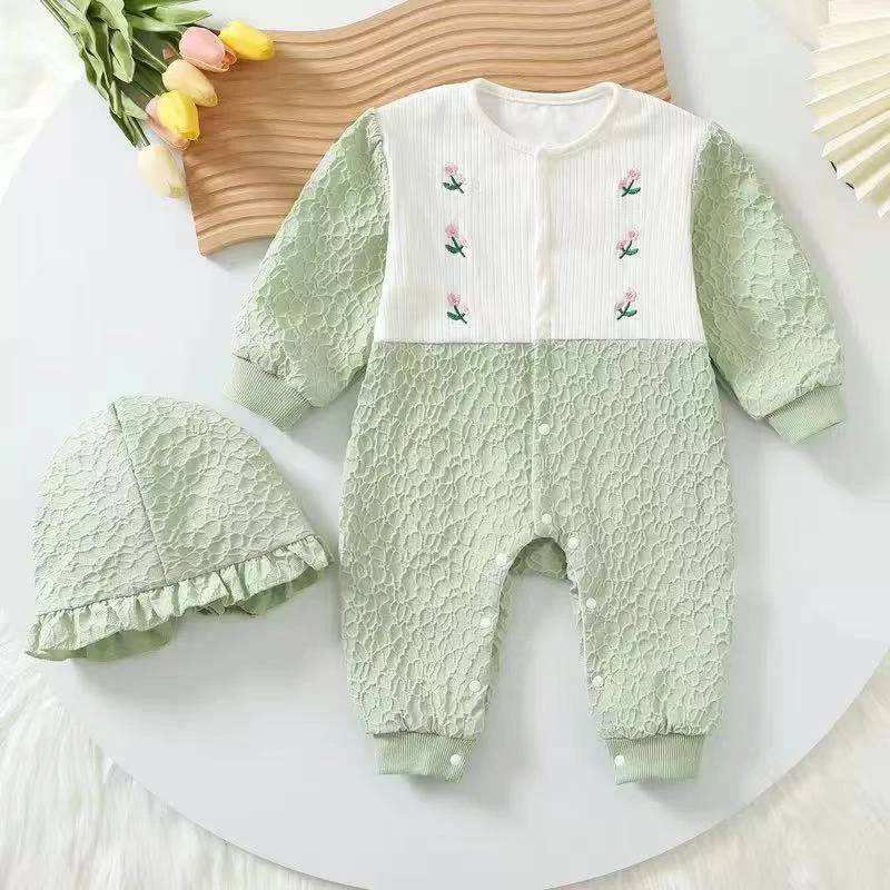 婴儿春季连体衣双层长袖春秋款新生儿衣服秋天满月女宝宝秋装爬服