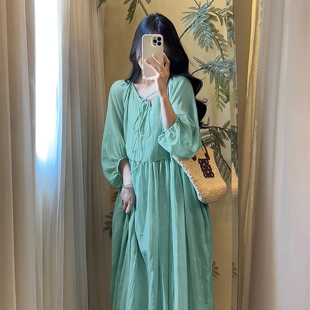 大码女装300斤胖MM韩系温柔风不规则V领系带纯色连衣裙149