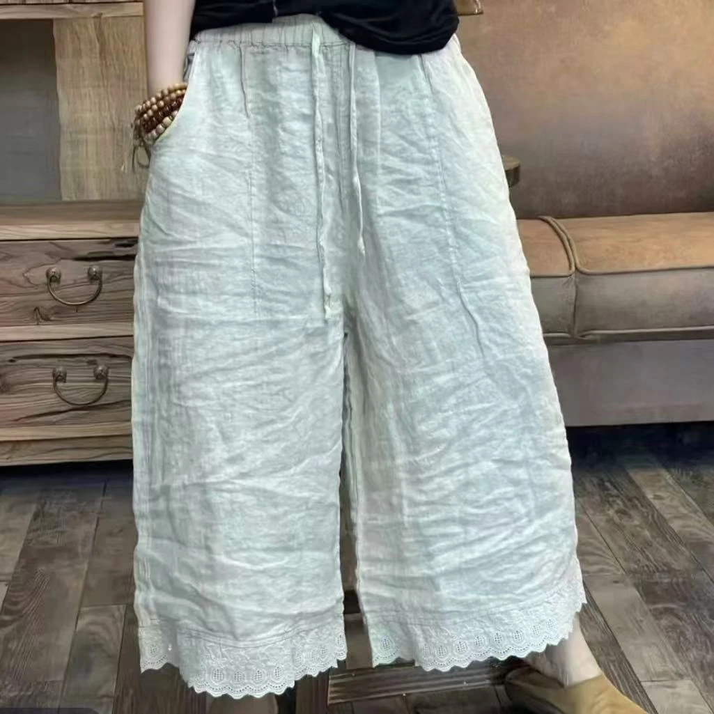 FF 6923 夏季新品亚麻花边直筒休闲百搭女士裤子 臀围138长77