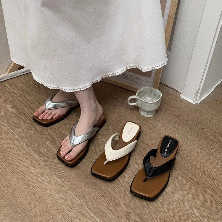 韩版厚底复古松糕跟人字拖沙滩拼色高跟逛街拖鞋韩版设计感平底