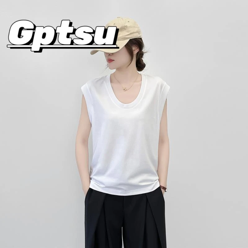 GPTSu高级感露锁骨大领无袖恤士宽松防走光背心无袖打底衫上衣服