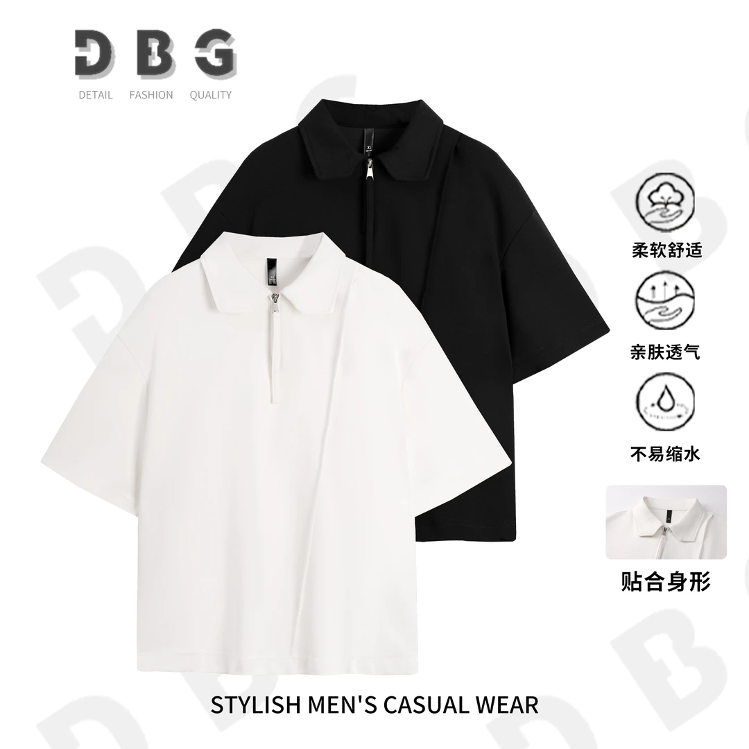 【830】夏季新款翻领短袖金属拉链飘绳设计休闲宽松百搭T恤830*HF