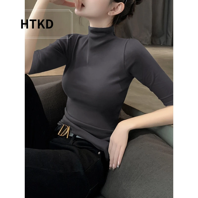 HTKD中袖t恤女春夏季2025新款螺纹半袖打底衫内搭紧身高领上衣