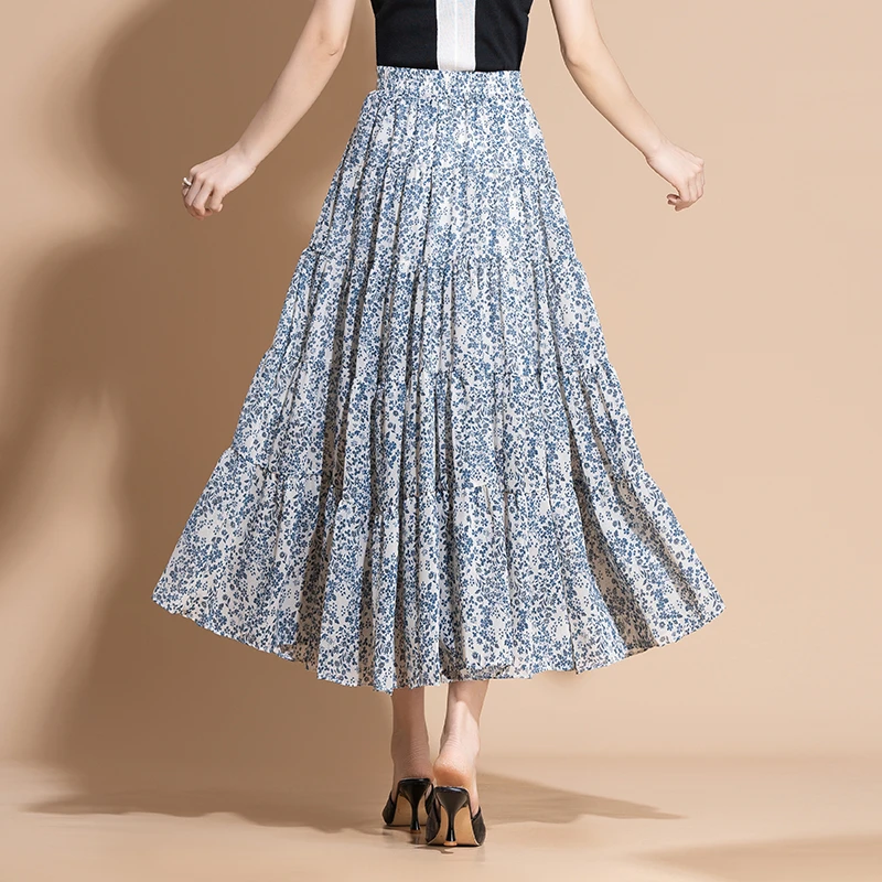 雪纺碎花百褶大摆半身裙2025春季新款韩版时尚洋气减龄显瘦A字裙