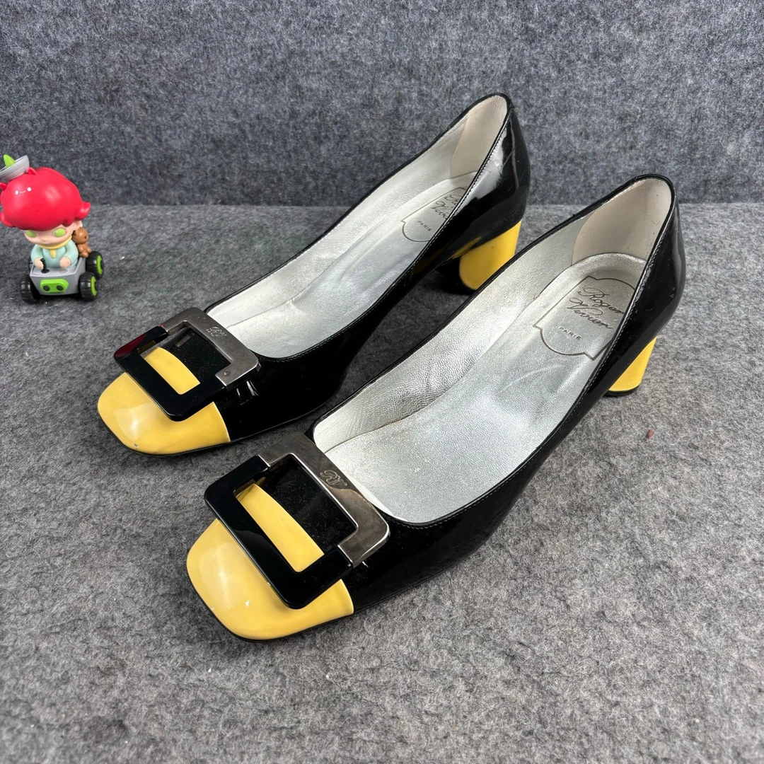 95新 Roger Vivier/罗杰·维威耶 方扣黑黄高跟鞋 39码YLP2192