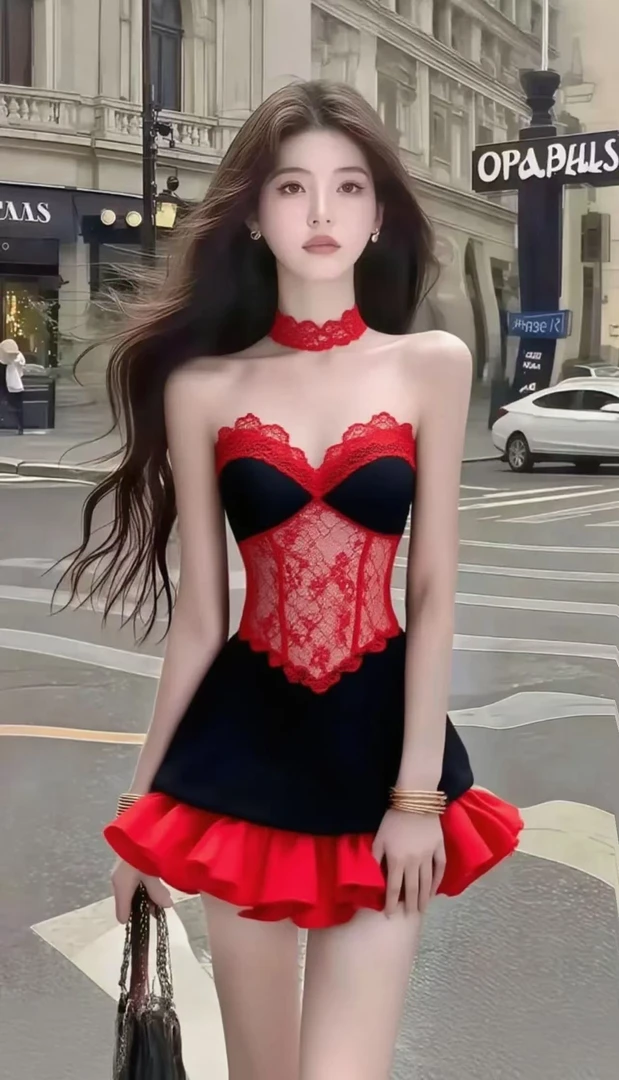 新款轻奢法式性感辣妹风红色桃心领抹胸修身收腰蕾丝显瘦连衣裙女