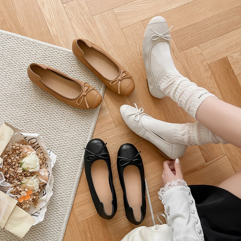 牛皮版法式复古蝴蝶结软底软面芭蕾舞鞋奶奶单鞋女春夏平底小单鞋