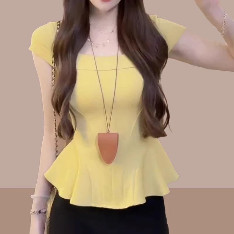 甜美少女风气质T恤女2025夏季新款清新感修身显瘦方领短袖上衣女