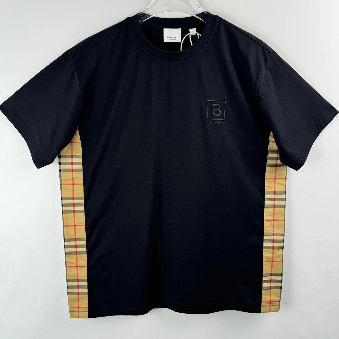 未使用 BURBERRY/博柏利 14422629 腰间格纹拼接圆领短袖 黑色S码