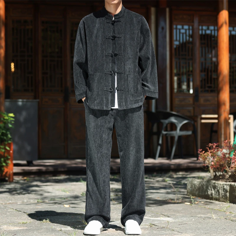 秋季新款中国风唐装雪尼尔绒套装新中式复古盘扣男士纯色两件套