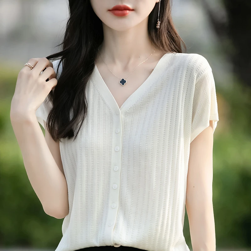 天丝2025夏季新款短袖T恤大码45岁针织百搭薄款宽松上衣v领