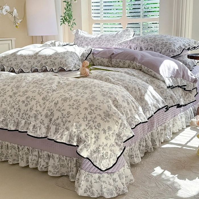 2025新款A类针织双层纱花边款床盖四件套公主风加厚床上用品床单