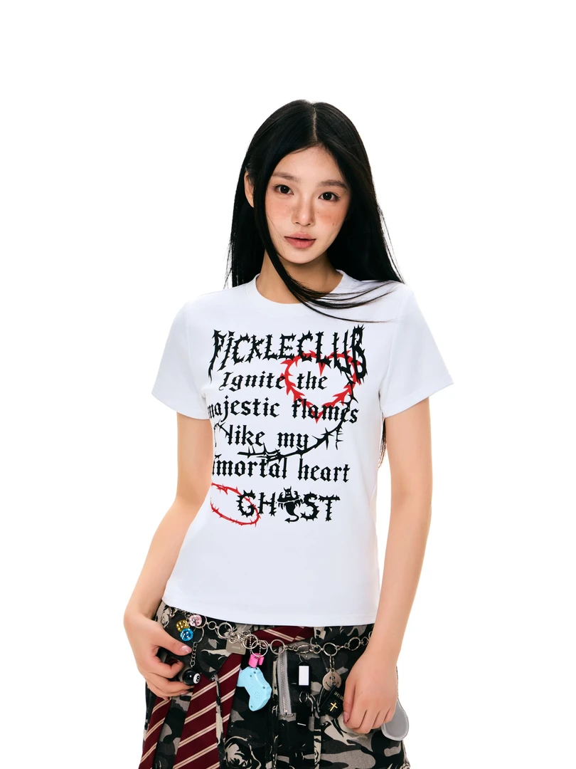 梁拌泡菜 美式复古字母印花正肩短袖T恤女夏季修身显瘦休闲上衣