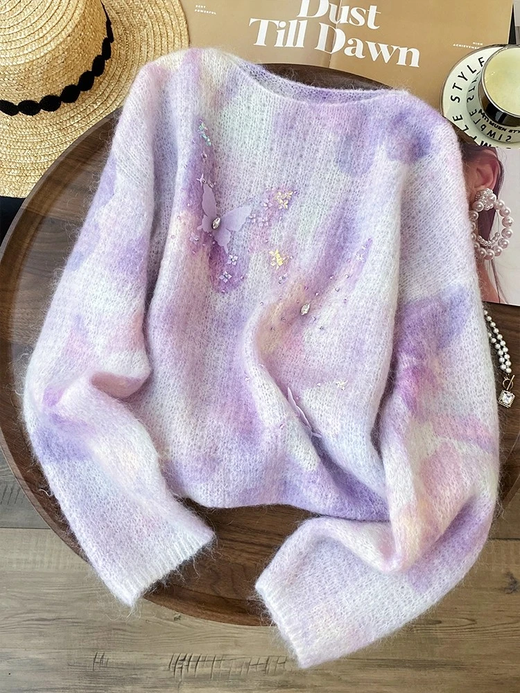 法式慵懒风蝴蝶钉珠针织衫女装2025秋季甜美减龄紫色毛衣圆领上衣