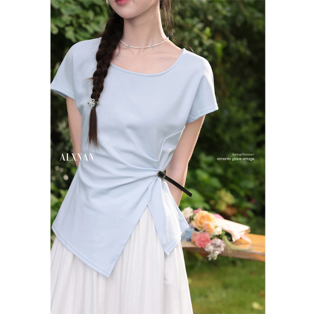 【品牌撤柜款ZB】蓝色T恤女夏季设计感不规则法式短袖上衣L56601