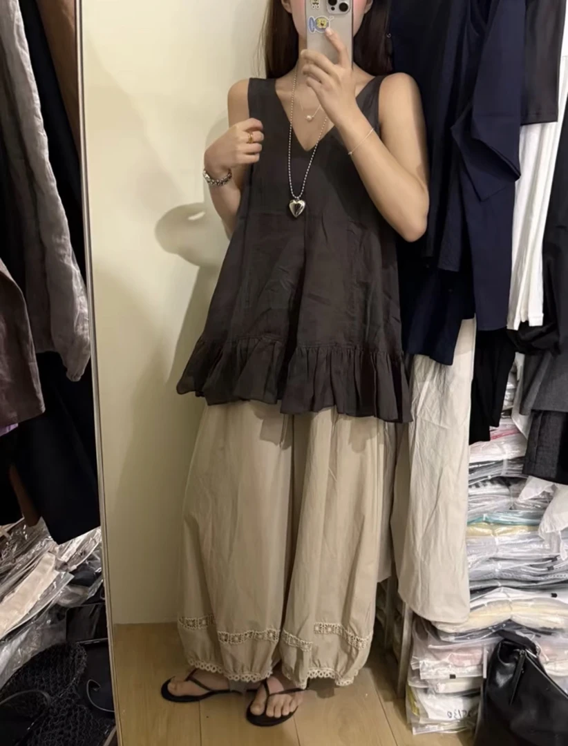 灰灰呀！妥妥自留款！韩代复古设计感百搭后背系带V领无袖显瘦衬衫