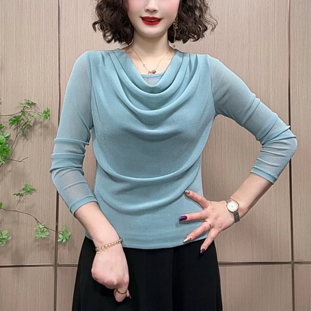 时髦洋气堆堆领高弹肌肤纱短袖T恤遮肉显瘦时尚单穿内搭上衣女