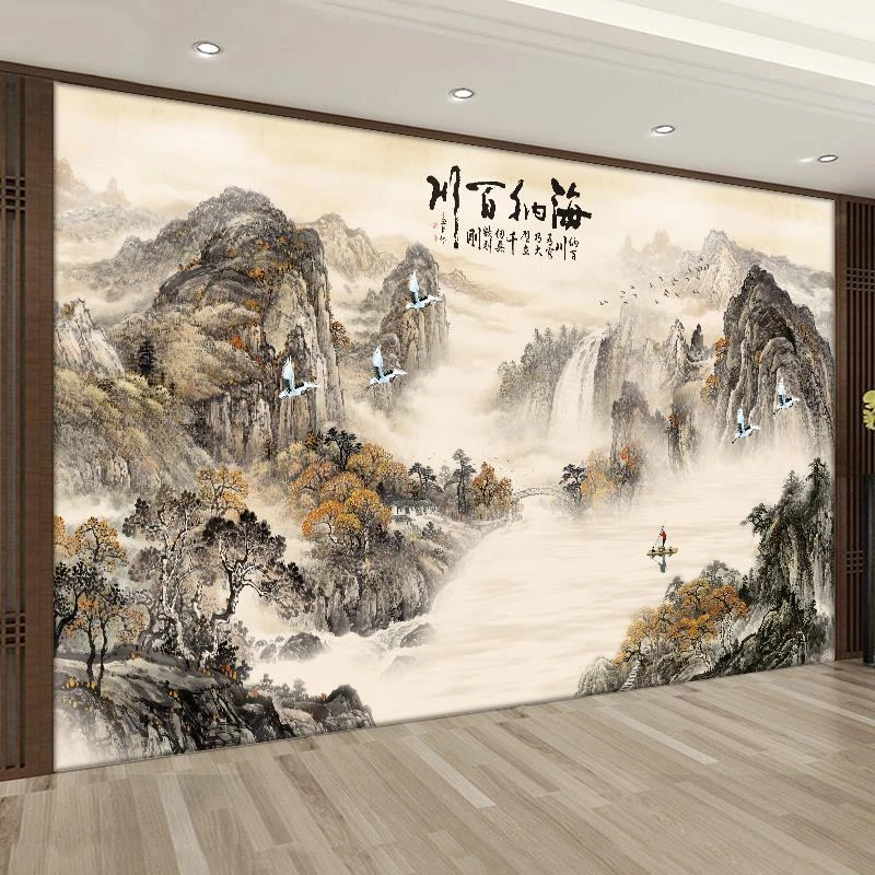 新中式电视背景墙板定制护墙板8d立体山水画扣板客厅背景墙碳晶板
