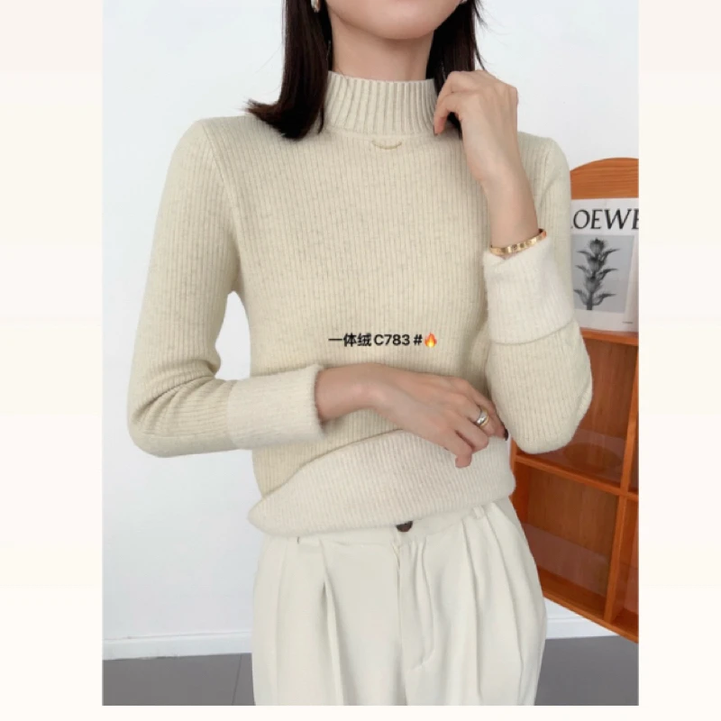 时尚半高领加绒针织衫女款冬季百搭显瘦小内搭毛衣
