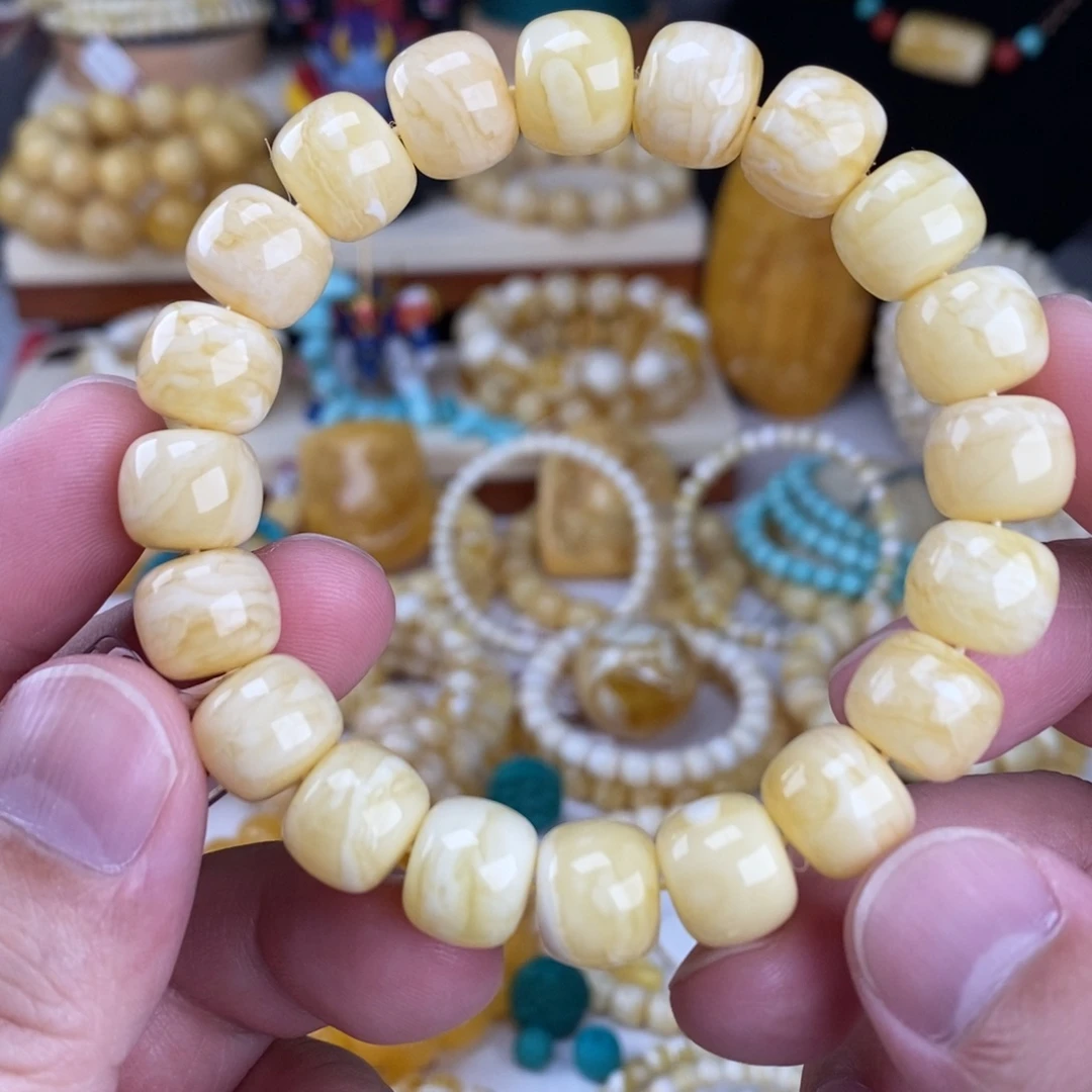 蜜蜡未镶嵌手链瓷白细纹白底虎皮纹12mm