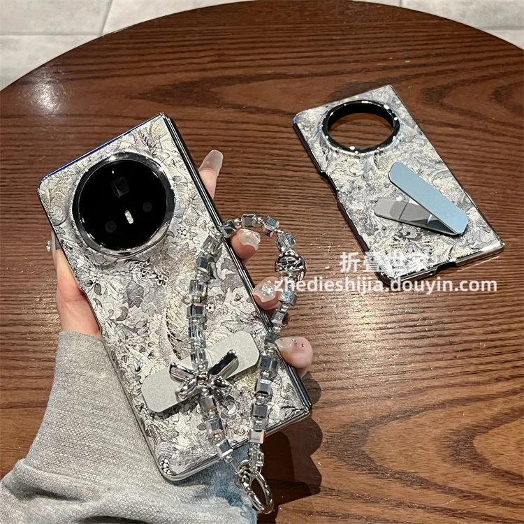 适用荣耀MagicV3手机壳折叠屏高端真皮银花卉带支架超薄防单后壳