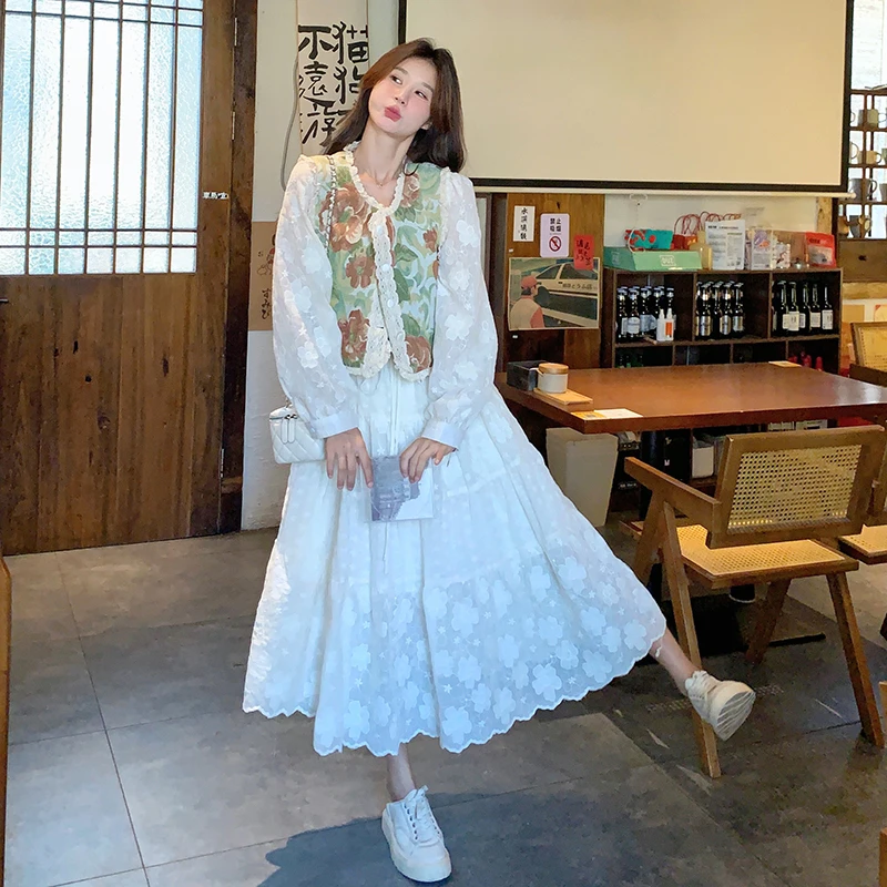 温柔风提花马甲搭配蕾丝连衣裙2025年春季新款减龄洋气套装裙