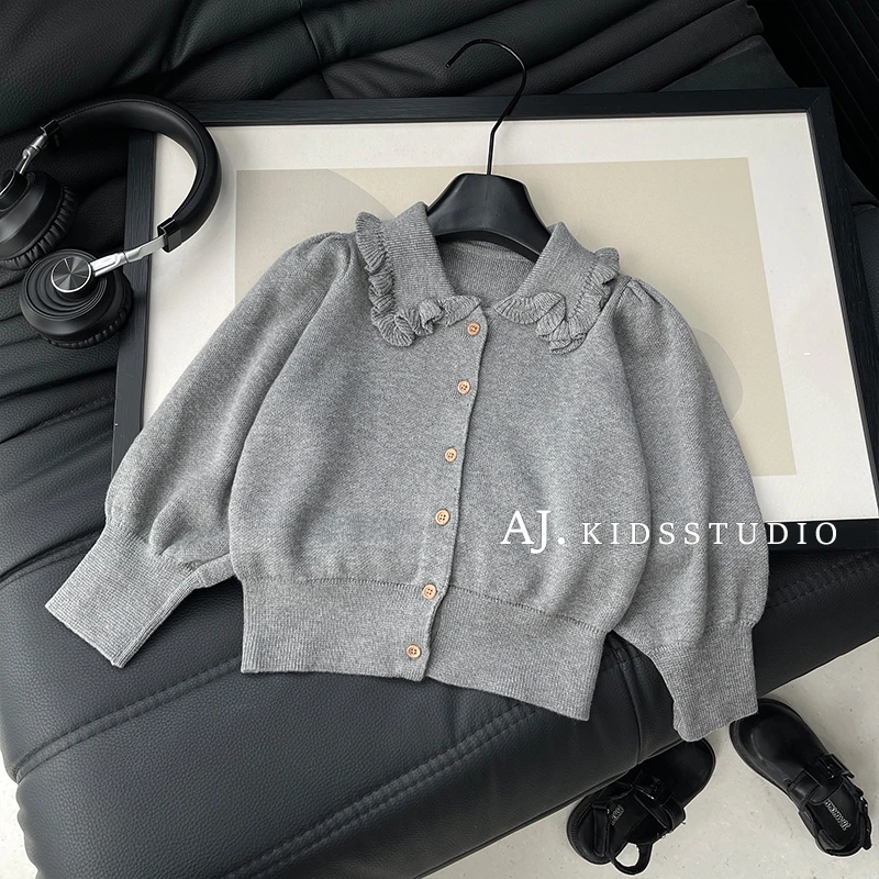 【伊顿学院】阿卷秋装儿童花边翻领毛衣灯笼袖针织上衣外套MPG6654