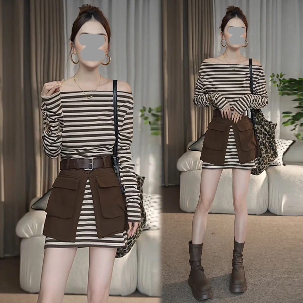 网红洋气炸街套装女2025春秋季露肩条纹长袖连衣裙腰封屁帘两件套