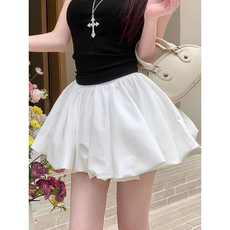 A字裙蓬蓬裙夏季撞色女装小个子短裙格子半身裙防走光高腰花苞裙