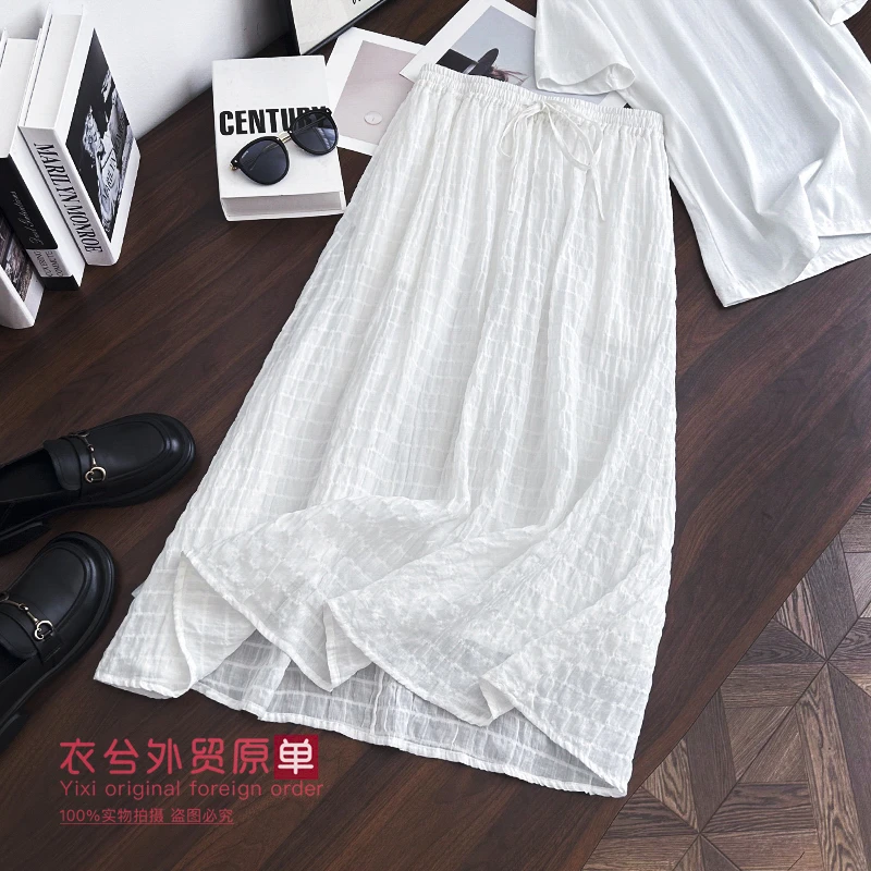 （肌理感苎麻半身裙）2560夏季文艺复古松紧腰带内衬抽绳半身裙Z