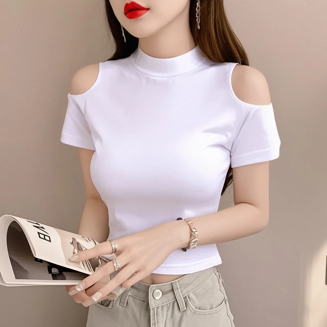白色半高领露肩短袖t恤女短款露脐夏季新款修身显瘦百搭上衣ins潮