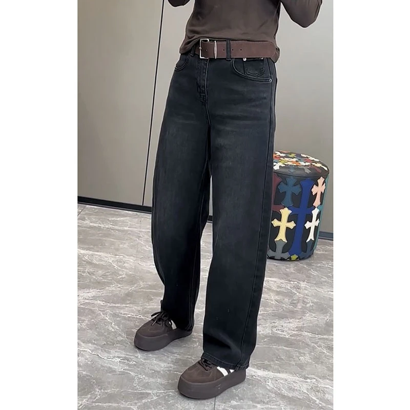 2025秋季新款弯刀牛仔裤女大码显瘦直筒拖地裤遮肉时尚减龄阔腿裤