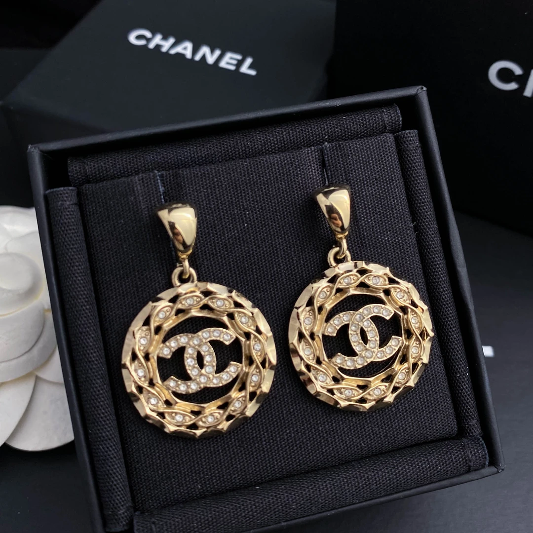 99新 Chanel/香奈儿 FL 24B新款香槟金金属圆形镂空镶钻耳环S6633