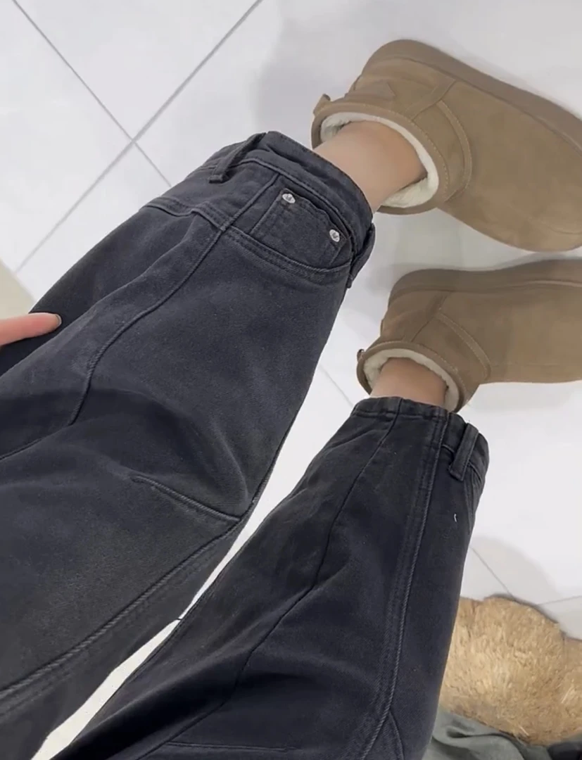 新款胖mm大码弯刀加绒加厚直筒显瘦高腰八分牛仔裤女