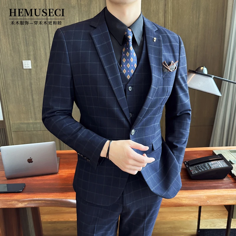 高档格子商务免烫西装套装男士韩版潮流修身百搭休闲商务婚礼礼服