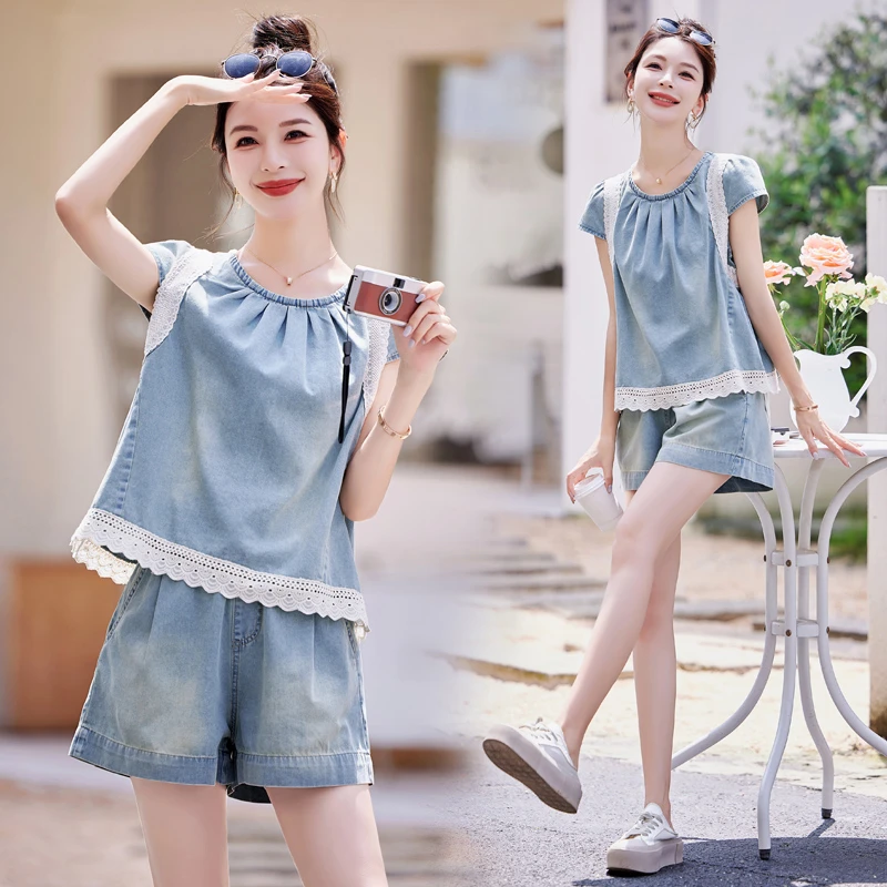 大码学院风国潮新风洋气时尚套装极简风休闲风简约短袖显瘦牛仔