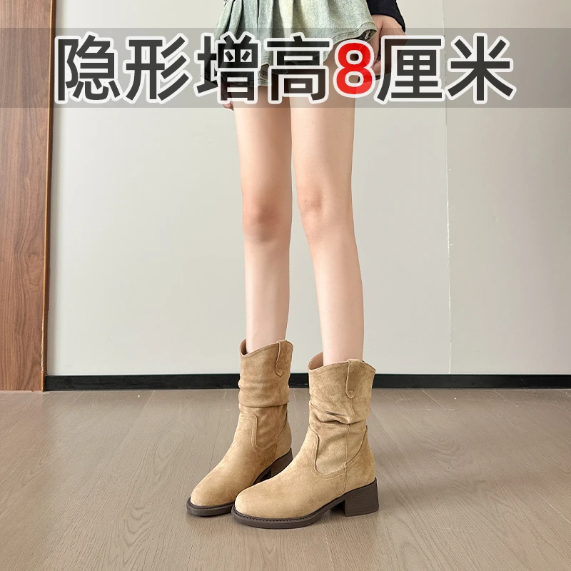 羊皮版~内增高8cm短靴女2025秋冬新款粗跟中筒靴美拉德西部牛仔靴