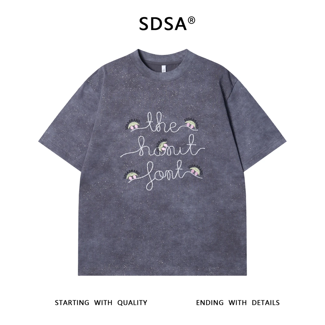 夏季高级感新款男士满天星刺绣字母撞色短袖T恤简约宽松圆领上衣