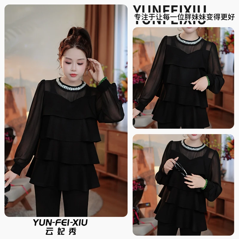 云妃秀大码女装T恤衫层叠荷叶边休闲宽松显瘦遮肉胖妹妹秋季68721