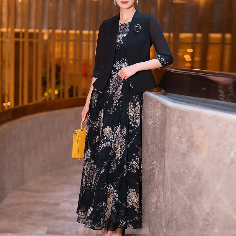雾隐--2025年夏季新品黑色乔琪连立领雪纺剪花印花大摆套装裙