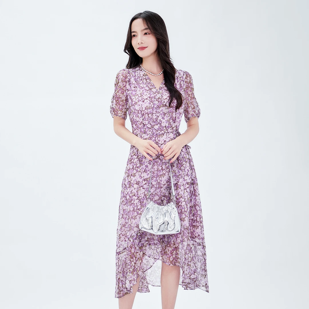 【安雅专属】歌蒂诗2025夏季新款v领收腰显瘦淡紫连衣裙3F21L1291