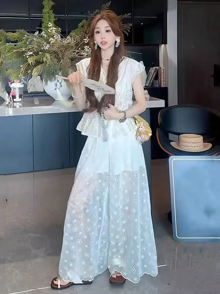 潼潼家【白月光】时尚套装蕾丝碎花显瘦气质夏季法式收腰泡泡袖