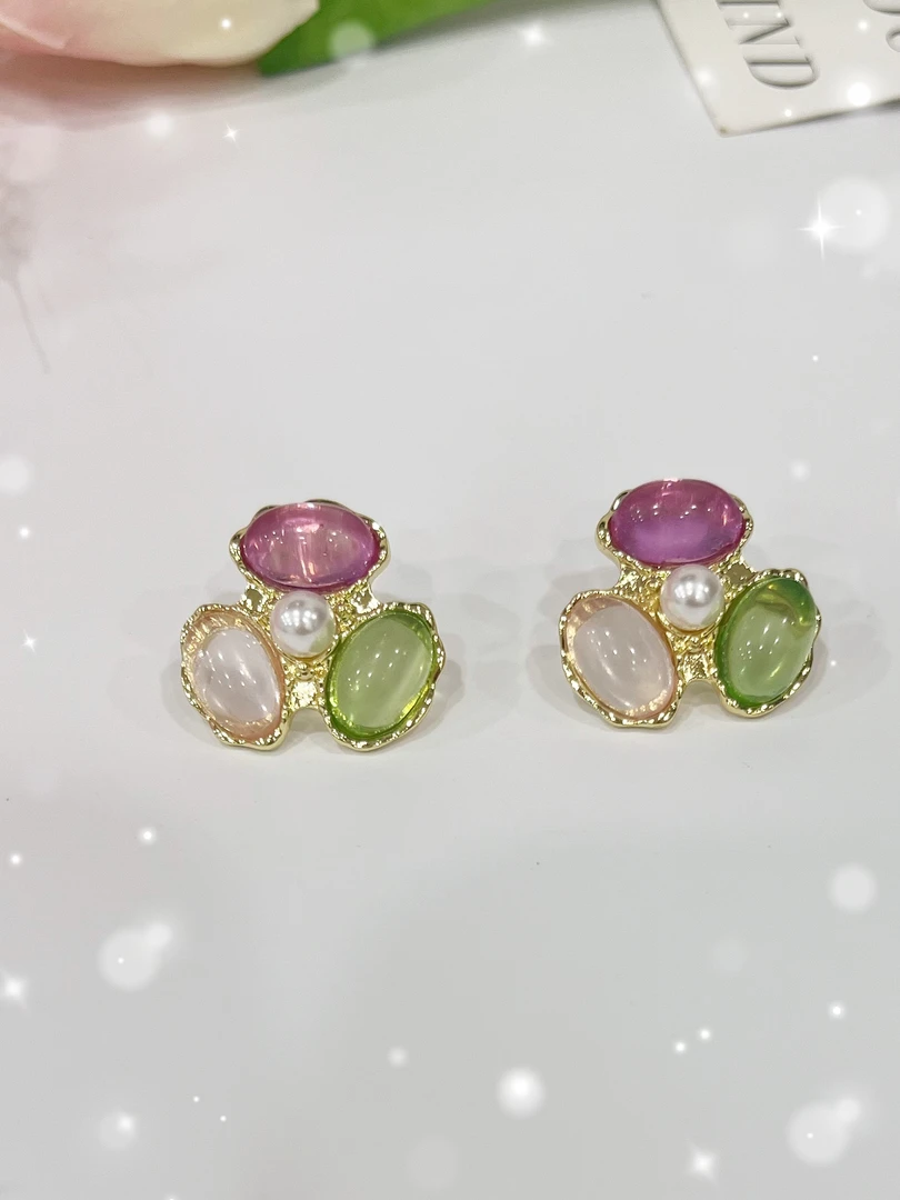 合金琉璃耳饰 1442合金冰透三生花炫彩耳钉耳环