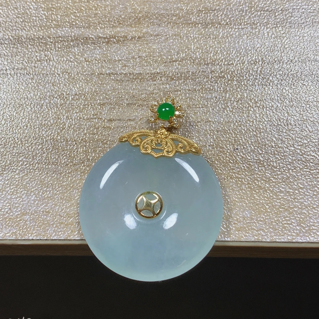 天然缅甸翡翠18K镶嵌平安扣吊坠