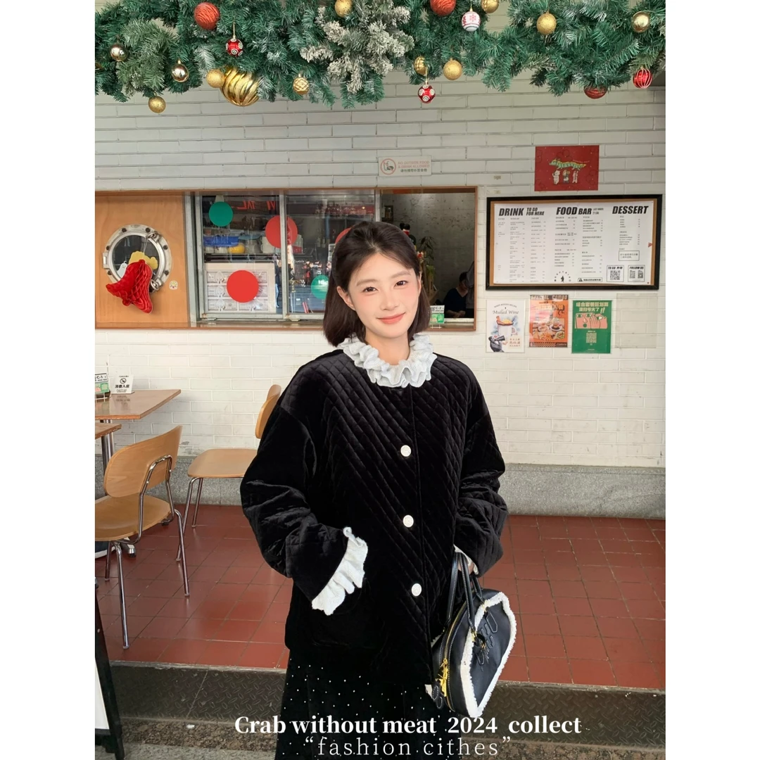 谢不肉 菱格丝绒圆领夹棉气质显瘦时尚宽松百搭棉服外套5354