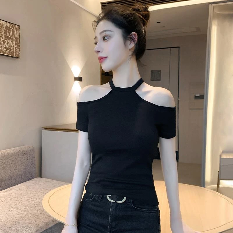 VOCKOO黑色短袖t恤女2025年新款露肩夏季一字肩上衣高级感修身挂